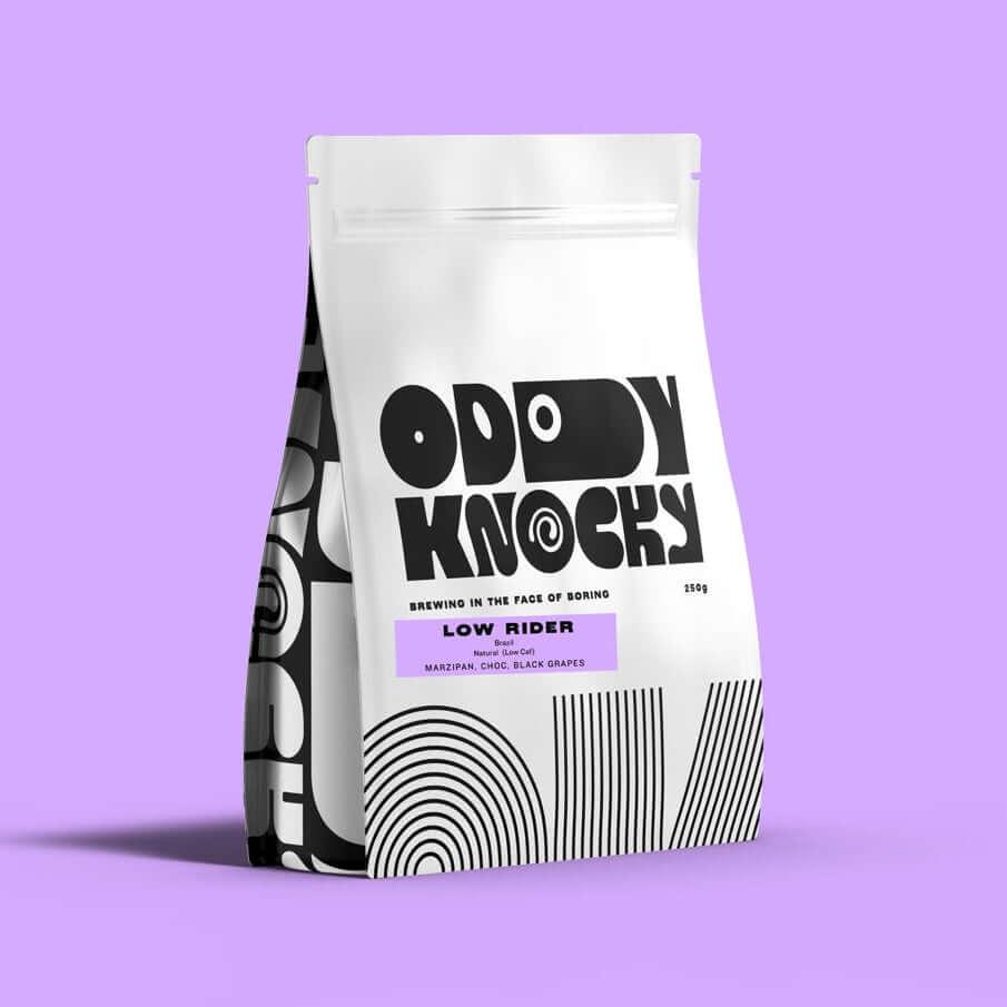 Low Rider naturally low-caffeine espresso coffee bag from Oddy Knocky Coffee, Brazil origin